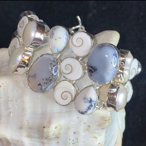 Exquisite Shiva Shell + Biwa Pearl + Dendritic Opal cluster statement bracelet